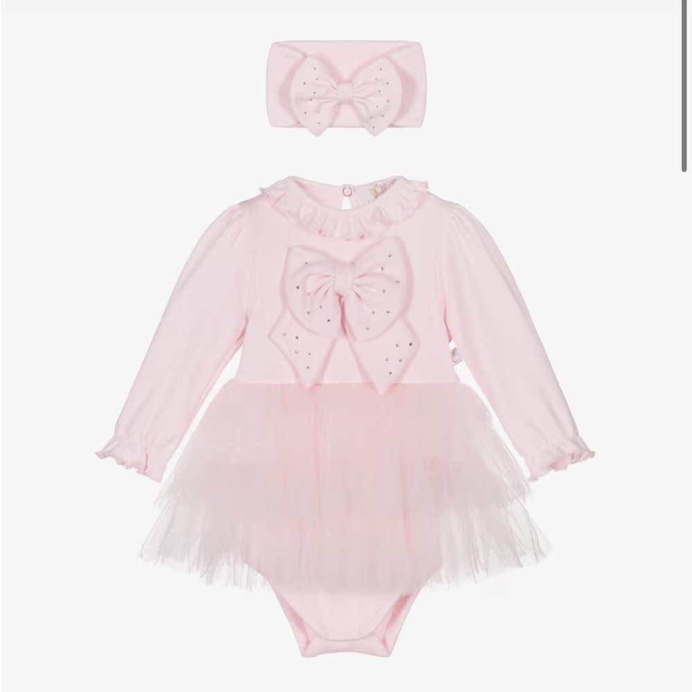 Caramel Pink Tulle Bow Dress with Rhinestone Accents